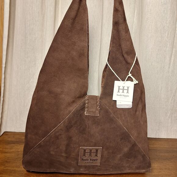 Haute Hippie NEW Triangle suede hobo shoulder bag brown100% leather NWT bohemian - Picture 9 of 9
